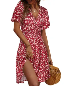 Summer red floral wrap V-neck A-line midi dress for women, elegant casual lifestyle