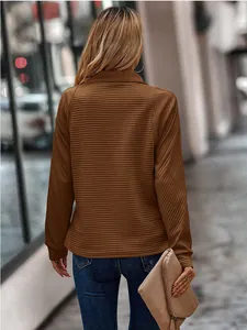 Close-up showing the ribbed texture on the back of a brown long sleeve stand collar top