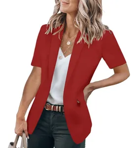 Elegant red short-sleeved blazer for women in a professional summer style