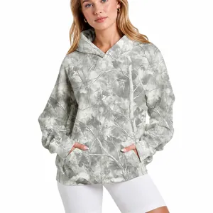 Women's Casual Hooded Sweatshirt Leaf Printed Long Sleeve Pullover Hoodie With Kangaroo Pocket Cotton Blend Top