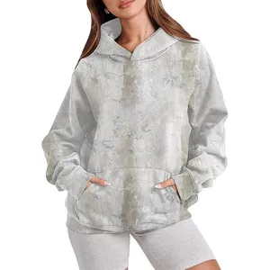 Stylish casual women's hooded sweatshirt featuring abstract print and large front pocket