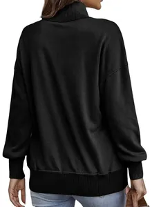 Back view of a casual women's black turtleneck sweatshirt with ribbed hem and cuffs