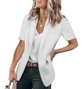 Elegant women's white short-sleeved blazer jacket with classic lapel for summer fashion look