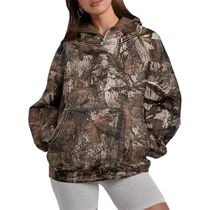 Women's casual hooded sweatshirt with forest camouflage print for outdoor and daily wear