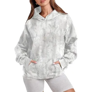 Stylish women's marble print hooded sweatshirt with front pocket and long sleeves