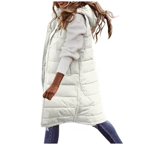 Detail view of a white mid-length hooded puffer vest with single-breasted closure