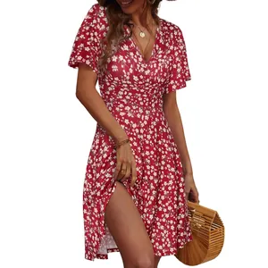 Elegant red summer floral print midi dress featuring a stylish V-neck and A-line cut