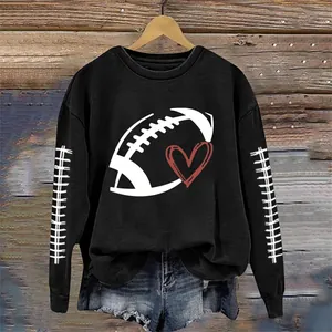 Black long-sleeve sweatshirt with rugby ball and heart print for women