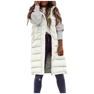 Stylish white long hooded puffer vest with single-breasted closure and slim fit design
