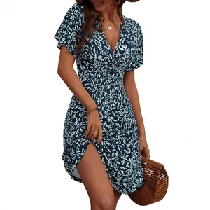 Floral short sleeve wrap V-neck A-line midi dress with leaf print on blue