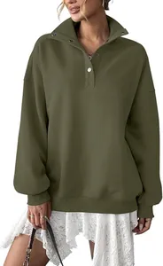 Close-up of olive green oversized Henley sweatshirt featuring a button-down lapel collar
