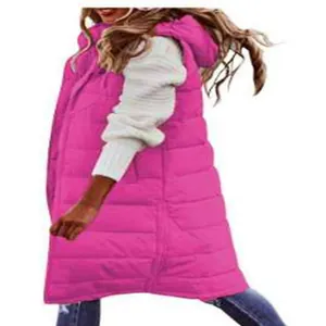 Stylish long hot pink hooded puffer vest for women with a single-breasted closure
