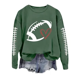 Women's dark green crewneck sweatshirt featuring white football and red heart print.