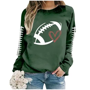 Detail view of women's olive green football heart print long sleeve sweatshirt
