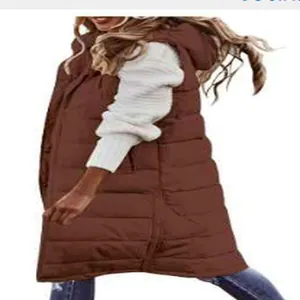 Long brown hooded quilted puffer vest for women in slim fit style