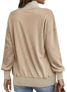 Back view of a khaki long sleeve turtleneck sweatshirt with ribbed hem and cuffs