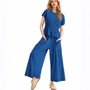 British Style Smocked Top And Bottom For Women Casual Colored Cotton Polyester Ruffle Hem Top Wide Leg Harem Pants Clothing Sets