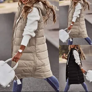Women Mid-Long Quilted Padded Vest Hooded Acetate Cotton Waistcoat Single Breasted Sleeveless Jacket Outdoor Warm Streetwear Top