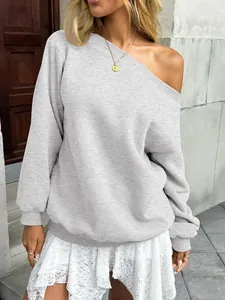 Detailed view of a fashionable gray off-shoulder sweatshirt for casual autumn wear.