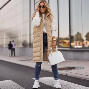 Elegant khaki long hooded puffer vest with snap buttons for casual outdoor winter wear