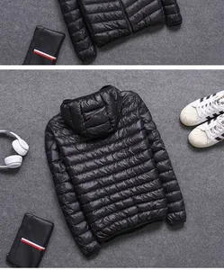 Rear view of lightweight black hooded puffer jacket with stylish fashion accessories