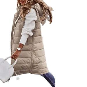 Casual long hooded quilted puffer vest with single-breasted buttons in beige