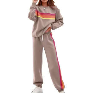 Ensemble jogging kaki deux pièces avec rayures arc-en-ciel vintage pour femme