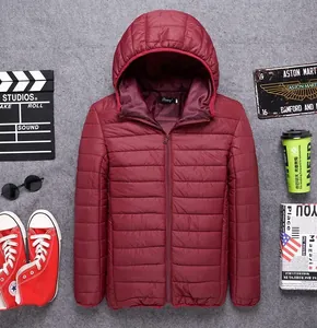 Wine red men's lightweight hooded puffer jacket with slim fit and horizontal quilting