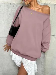 Slouchy off-shoulder solid color sweatshirt in dusty rose pink for autumn casual wear