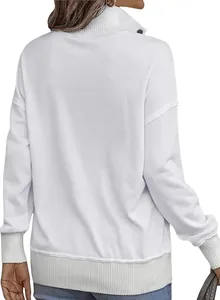 Back view of a white long-sleeved sweatshirt with ribbed hem and high collar buttons.