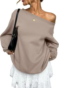 Detailed view of the elegant off-shoulder neckline design on a khaki brown sweatshirt