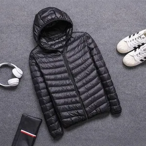 Men Lightweight Hooded Padded Jacket Striped Quilted Warm Cotton Coat Casual Zip Up Slim Fit Winter Outerwear Top