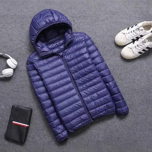 Men's lightweight navy blue hooded puffer jacket featuring a warm horizontal quilted design.