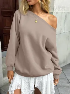 Chic women's off-the-shoulder solid taupe sweatshirt for a cozy autumn casual look