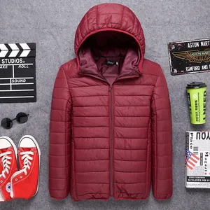 Men's stylish lightweight hooded puffer jacket in burgundy red with quilted pattern