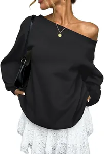 Detailed view of elegant women's black slant shoulder sweatshirt with a relaxed fit
