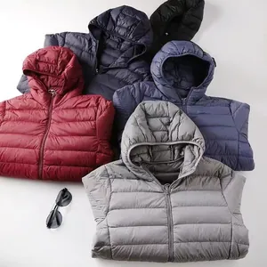Men's lightweight hooded puffer jacket in multiple solid colors with striped stitching