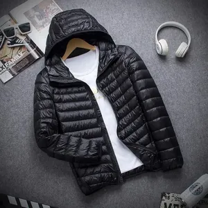 Men's lightweight black hooded quilted jacket with striped padding design for casual wear