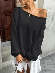 Detailed view of women's black slant-neck sweatshirt with off-shoulder autumn fashion style