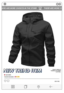 Detailed view of a sleek black men's hooded waterproof outdoor windbreaker jacket