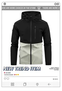Detail of a color-blocked men's hooded windbreaker jacket in black and light grey