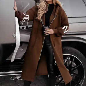 2024 Long brown hooded windbreaker jacket with stylish knitted contrast sleeve panels