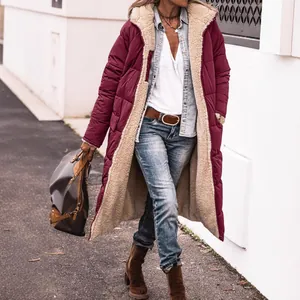 Chaqueta reversible larga con capucha burdeos acolchada forro de felpa mujer