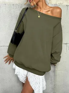 Trendy olive green off-shoulder oversized sweatshirt for women, casual autumn style