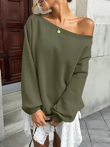Stylish olive green off-the-shoulder sweatshirt for women featuring a casual loose fit design