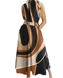 Elegant sleeveless V-neck maxi dress with bold abstract geometric print in brown and black