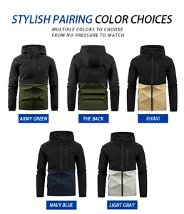 Detailed view of color options for men's outdoor windbreaker jacket with hooded design