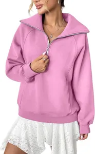 Felpa oversize rosa da donna con mezza zip in pile e tasca frontale dallo stile chic