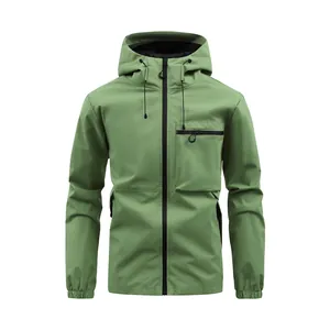 Premium men's waterproof hooded outdoor jacket in sage green windbreaker style
