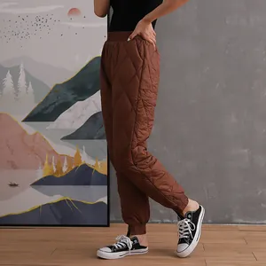 Brown high-waisted quilted padded jogger pants for women winter warmth stylish thick trousers
